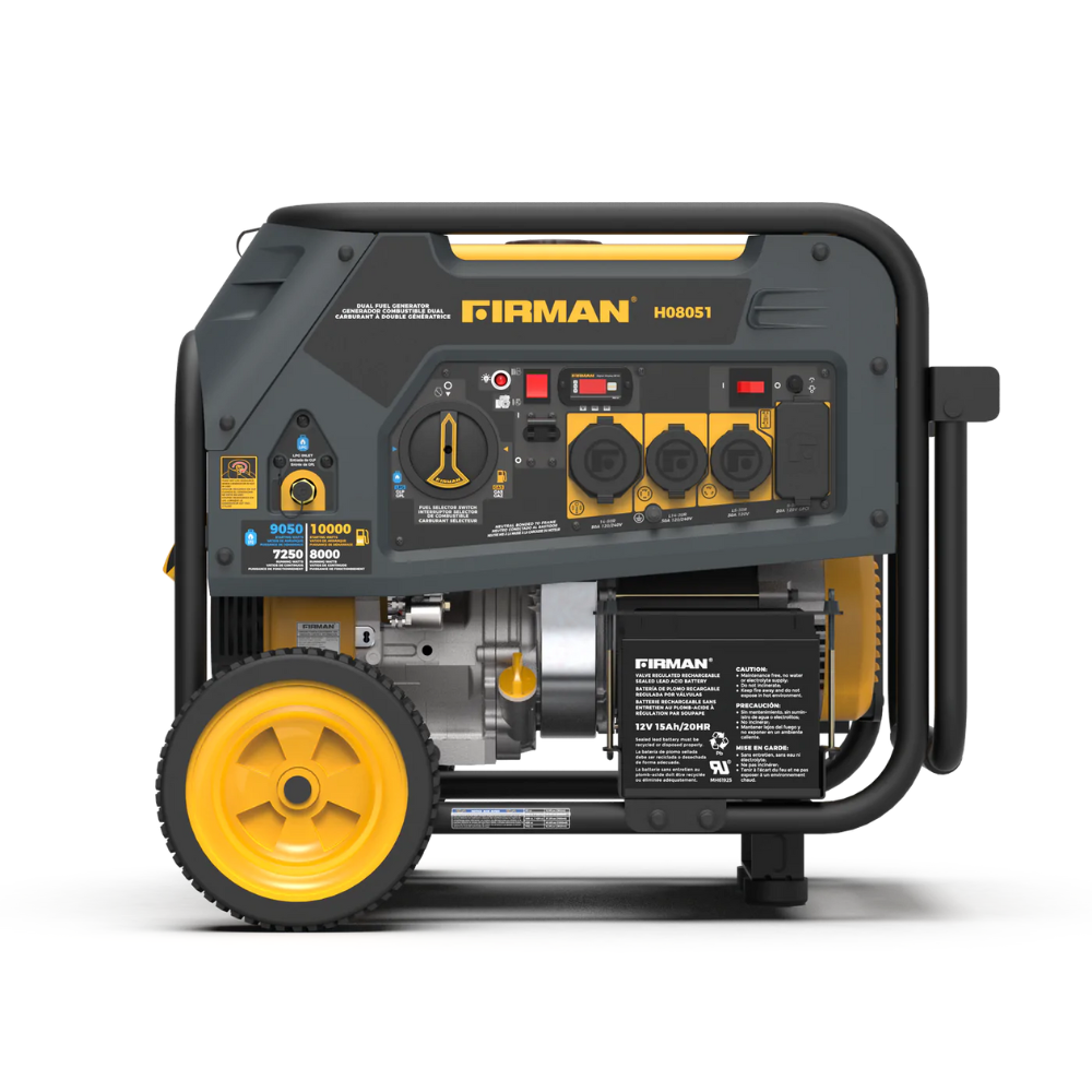 Firman, Firman Dual Fuel 10000/8000W Electric Start Gas or Propane Powered Portable Generator with Wheel Kit - DS-H08051