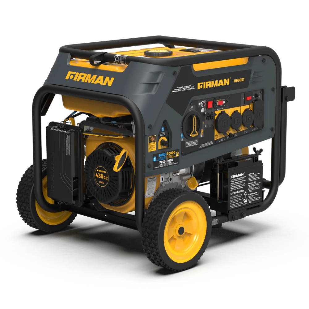 Firman, Firman Dual Fuel 10000/8000W Electric Start Gas or Propane Powered Portable Generator with Wheel Kit - DS-H08051